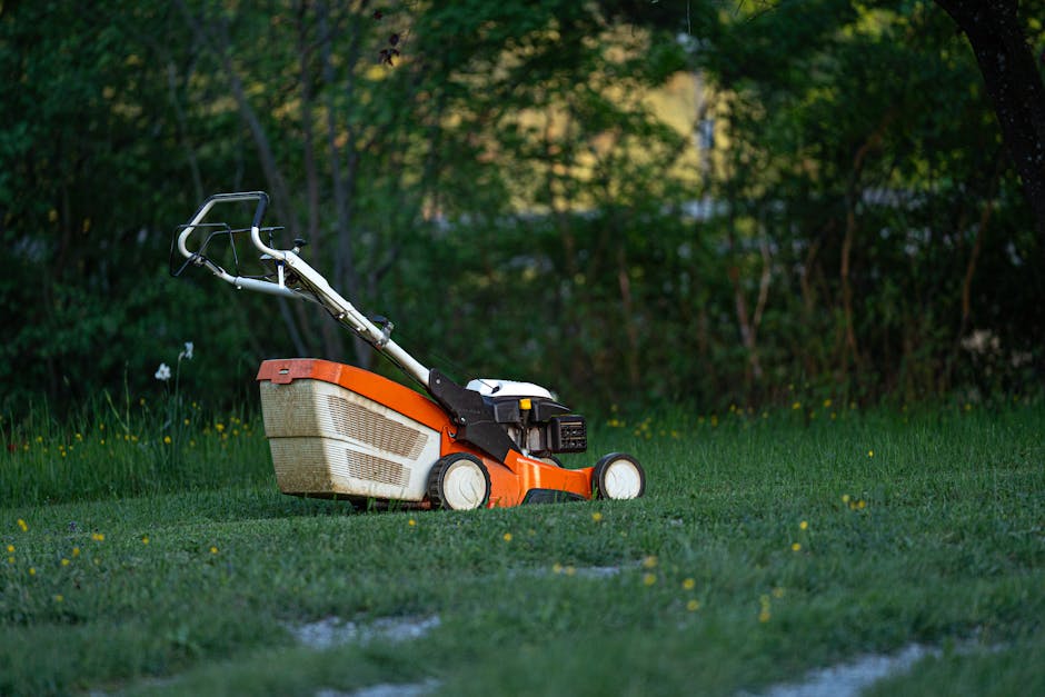 Close-up view of a garden lawn being maintained by a gardener using a powered tiller, with the gardener's legs and boots visible in the background. The soil and grassy plants are being disturbed, crea
